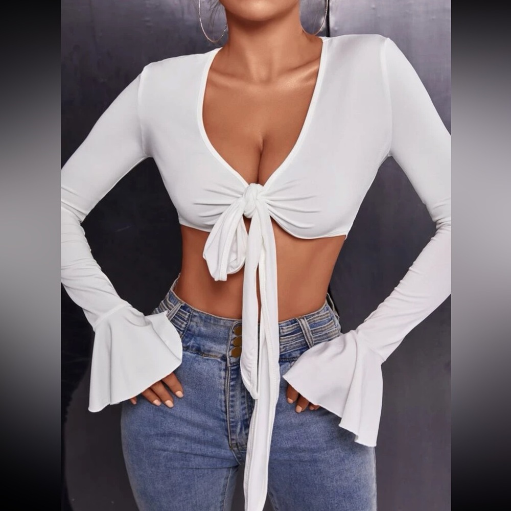 Flounce Sleeve Tie Front Crop Top